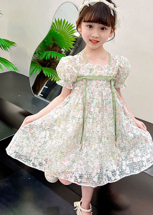 Cute Light Green Print Patchwork Tulle Kids Girls Dresses Summer