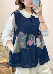 Cute Navy Embroidered Patchwork Button Waistcoat Sleeveless