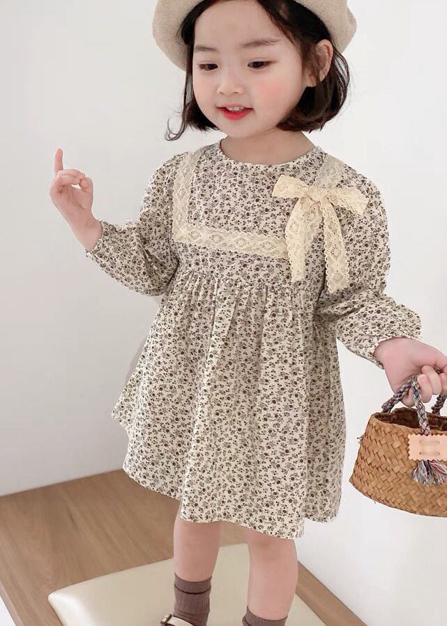 Cute O-Neck Print Lace Patchwork Bow Girls Mid Dress Long Sleeve