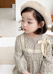 Cute O-Neck Print Lace Patchwork Bow Girls Mid Dress Long Sleeve