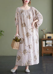 Cute O-Neck Print Wrinkled Holiday Maxi Dress Puff Sleeve