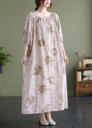 Cute O-Neck Print Wrinkled Holiday Maxi Dress Puff Sleeve