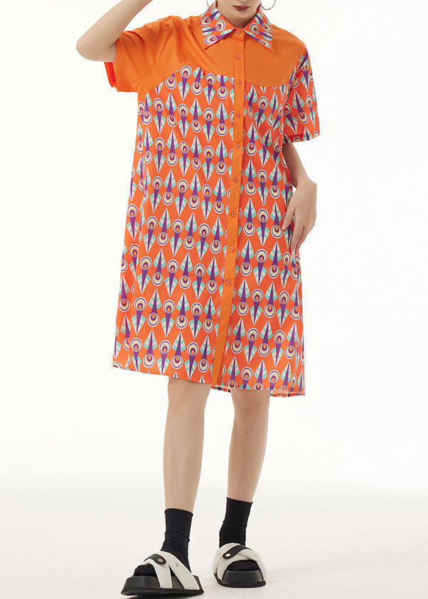 Cute Orange Peter Pan Collar Print Button Mid Dresses Short Sleeve