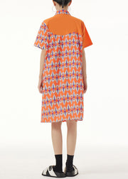 Cute Orange Peter Pan Collar Print Button Mid Dresses Short Sleeve