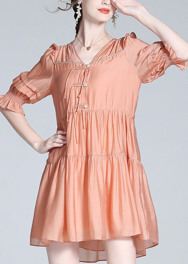 Cute Orange V Neck Patchwork Button Solid Silk Mid Dress Summer