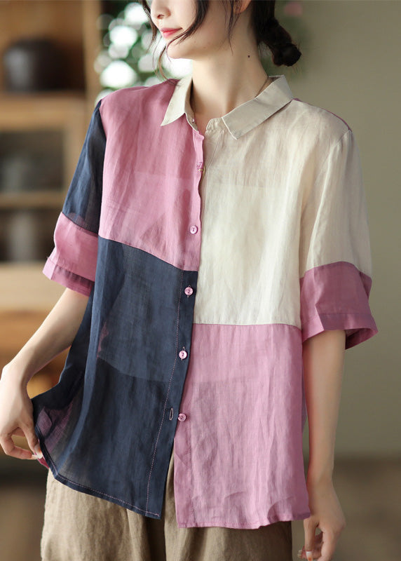 Cute Pink Button Cozy Ramie Shirt Summer