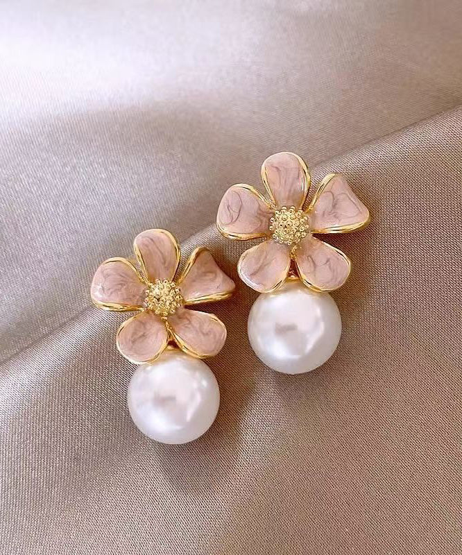 Cute Pink Copper Alloy Floral Pearl Stud Earrings