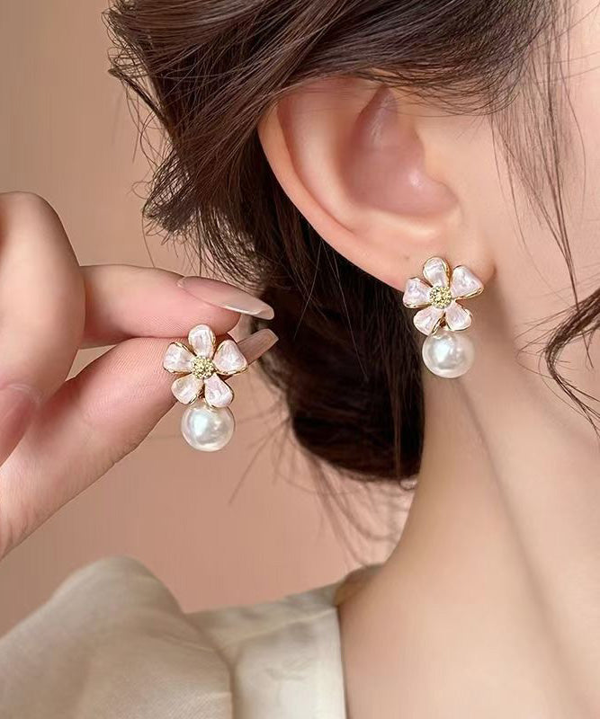 Cute Pink Copper Alloy Floral Pearl Stud Earrings