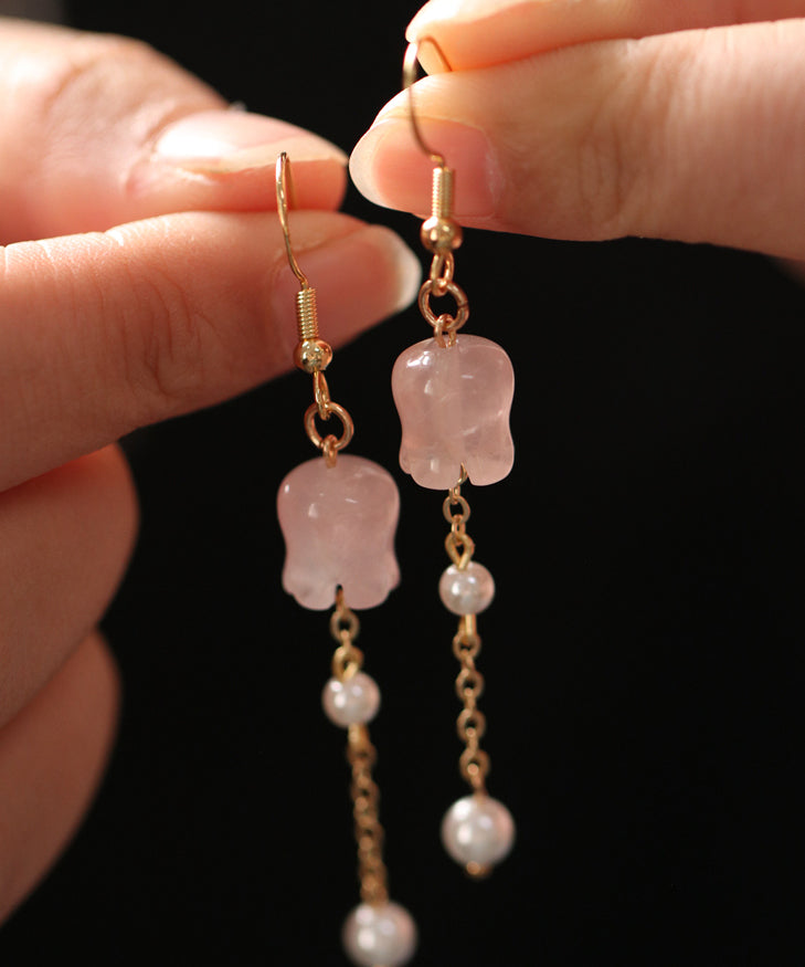 Cute Pink Copper Overgild Crystal Pearl Lily Of The Valley Tassel Drop Earrings