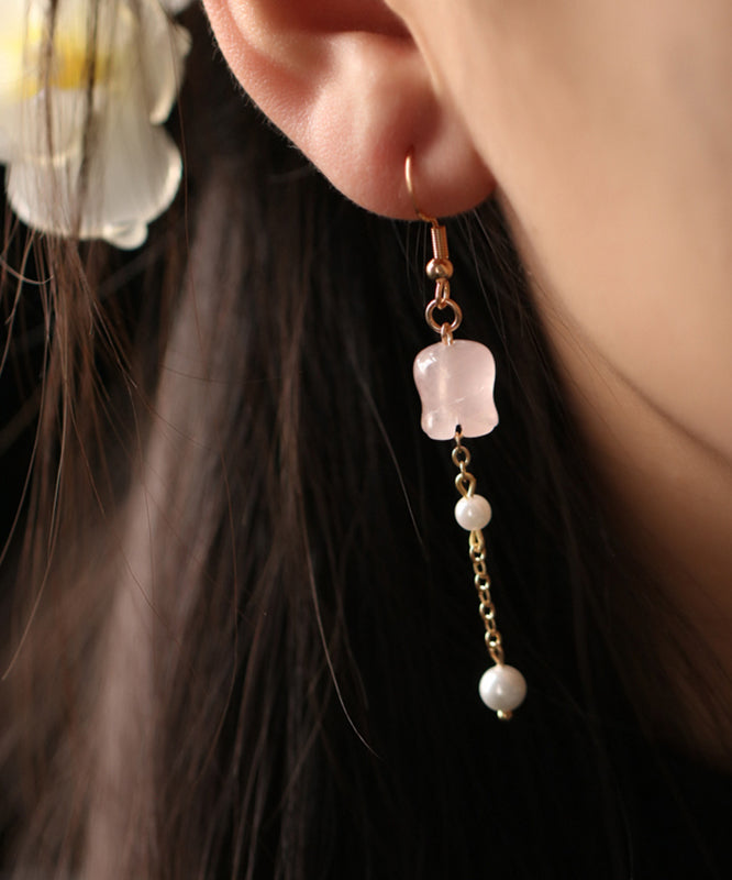 Cute Pink Copper Overgild Crystal Pearl Lily Of The Valley Tassel Drop Earrings