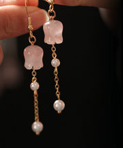 Cute Pink Copper Overgild Crystal Pearl Lily Of The Valley Tassel Drop Earrings