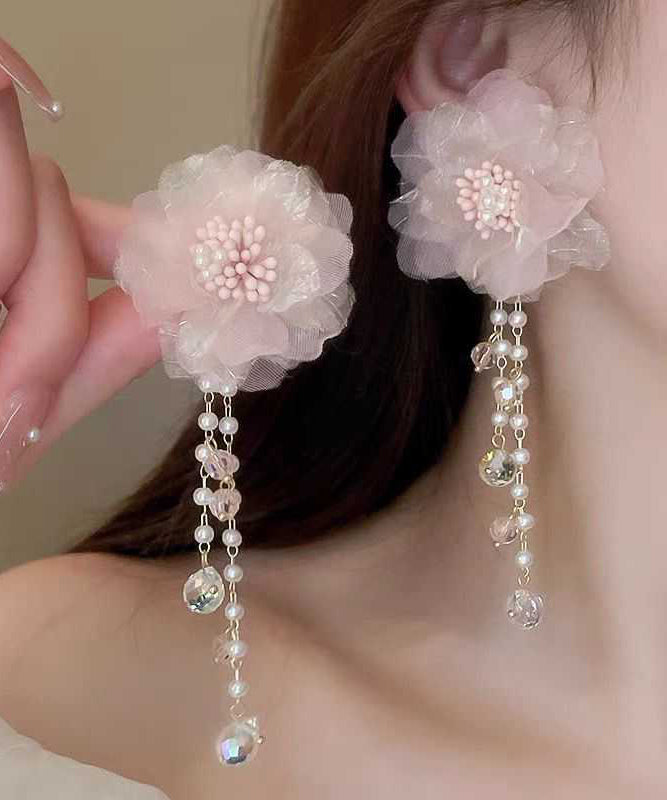 Cute Pink Crystal Pearl Tulle Floral Tassel Drop Earrings