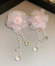 Cute Pink Crystal Pearl Tulle Floral Tassel Drop Earrings