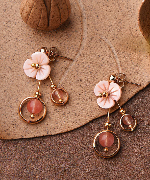 Cute Pink Crystal Shellfish Flower 14K Gold Drop Earrings