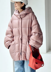 Cute Pink Drawstring Zippered Button Low High Design Hooded Duck Down Filled Down Coat Winter