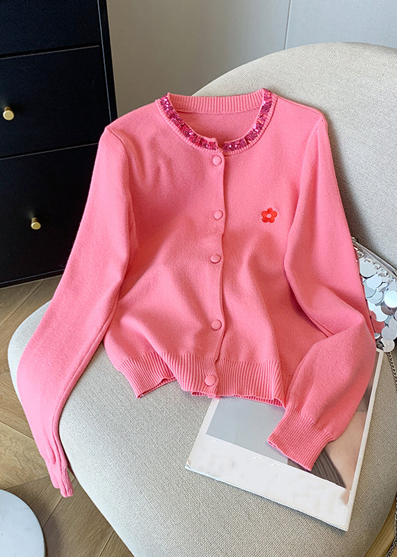 Cute Pink Embroidered Floral Sequins Cotton Knit Cardigans Fall