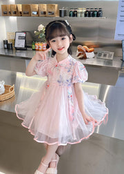 Cute Pink Embroideried Chinese Button Patchwork Tulle Baby Girls Dresses Summer