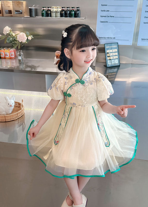 Cute Pink Embroideried Chinese Button Patchwork Tulle Baby Girls Dresses Summer