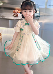 Cute Pink Embroideried Chinese Button Patchwork Tulle Baby Girls Dresses Summer