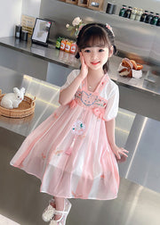 Cute Pink Embroideried Patchwork Bow Chiffon Kids Maxi Dress Summer