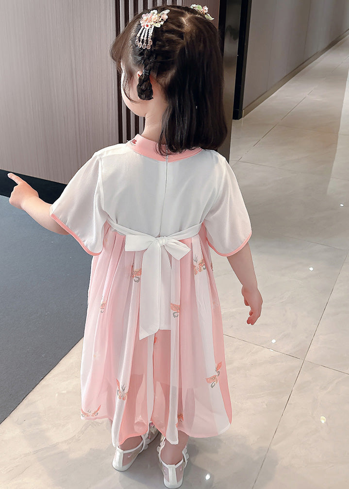 Cute Pink Embroideried Patchwork Bow Chiffon Kids Maxi Dress Summer