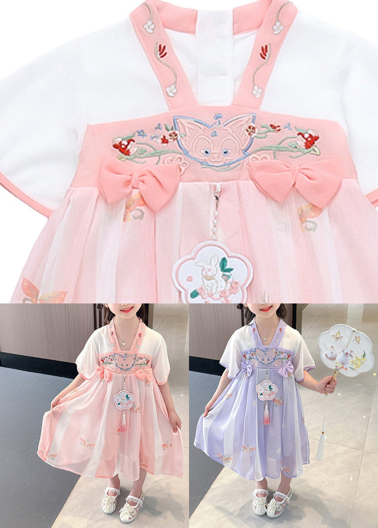 Cute Pink Embroideried Patchwork Bow Chiffon Kids Maxi Dress Summer