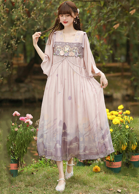 Cute Pink Embroideried Wrinkled Patchwork Chiffon Dress Half Sleeve