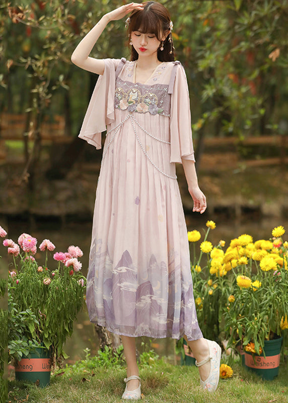 Cute Pink Embroideried Wrinkled Patchwork Chiffon Dress Half Sleeve