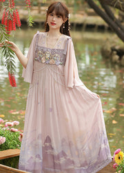 Cute Pink Embroideried Wrinkled Patchwork Chiffon Dress Half Sleeve