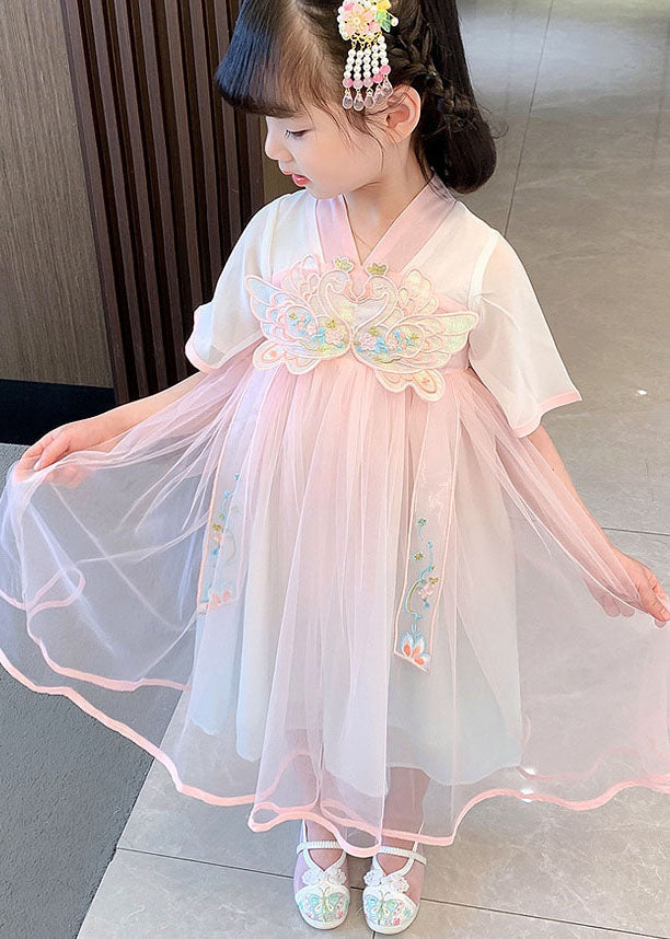 Cute Pink Embroideried Wrinkled Patchwork Tulle Baby Girls Dress Summer