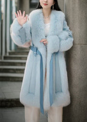 Cute Pink Fox Collar Tie Waist Long Coats Winter