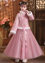 Cute Pink Fur Collar Embroideried Girls Coats And Tulle Maxi Skirts Two Pieces Set Winter