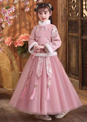 Cute Pink Fur Collar Embroideried Girls Coats And Tulle Maxi Skirts Two Pieces Set Winter