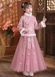 Cute Pink Fur Collar Embroideried Girls Coats And Tulle Maxi Skirts Two Pieces Set Winter