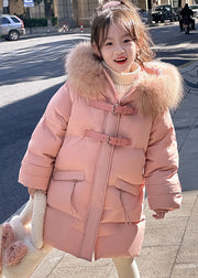 Cute Pink Fur Collar Patchwork Button Girls Down Coat Winter