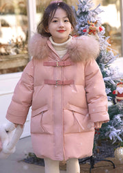 Cute Pink Fur Collar Patchwork Button Girls Down Coat Winter