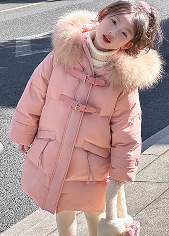 Cute Pink Fur Collar Patchwork Button Girls Down Coat Winter