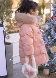 Cute Pink Fur Collar Patchwork Button Girls Down Coat Winter