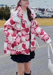 Cute Pink Hooded Heart Print Fine Cotton Filled Jacket In Winter