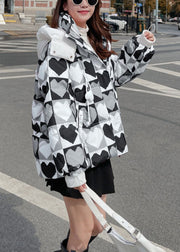 Cute Pink Hooded Heart Print Fine Cotton Filled Jacket In Winter