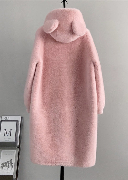 Cute Pink Hooded Pockets Mink Cashmere Coats Winter