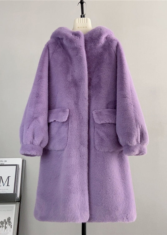 Cute Pink Hooded Pockets Mink Cashmere Coats Winter