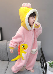 Cute Pink Hooded Zippered Patchwork Fluffy Kids Jumpsuit Long Sleeve