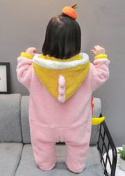 Cute Pink Hooded Zippered Patchwork Fluffy Kids Jumpsuit Long Sleeve