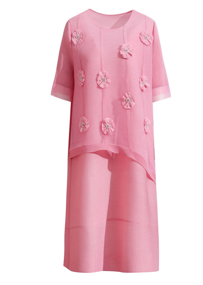 Cute Pink O-Neck Floral Patchwork Long Dress Short Sleeve