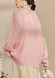 Cute Pink O-Neck Nail Bead Thick Cotton Knit Sweaters Winter