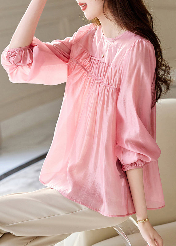 Cute Pink O-Neck Patchwork Silk Top Fall