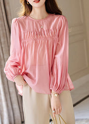 Cute Pink O-Neck Patchwork Silk Top Fall