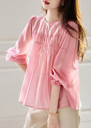 Cute Pink O-Neck Patchwork Silk Top Fall