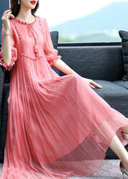 Cute Pink O-Neck Patchwork Wrinkled Silk Maxi Dress Summer